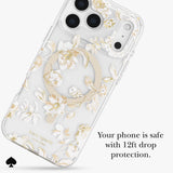 A clear phone case with a white and gold floral design, shown on a phone. The case features a circular magnetic ring and the brand name 'kate spade NEW YORK' printed near the bottom.
Your phone is safe with 12 foot drop protection
#color_autumn toile