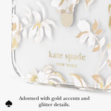 A close-up of a clear phone case with white and gold floral artwork and gold 'kate spade NEW YORK' lettering, shown on a white background with text below reading 'Adorned with gold accents and glitter details.'.
#color_autumn toile