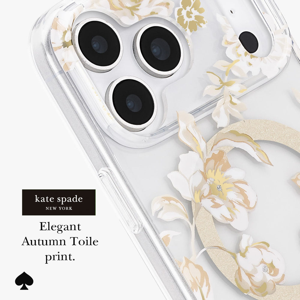 A clear phone case with a white and gold floral print, shown on a phone. The case features elegant autumn-style flowers and leaves with a gold glitter circular accent.
#color_autumn toile
