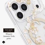A clear phone case with a white and gold floral print, shown on a phone. The case features elegant autumn-style flowers and leaves with a gold glitter circular accent.
#color_autumn toile