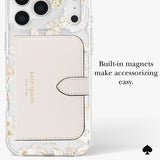 A clear phone case with a cream-colored wallet insert featuring gold floral accents and the brand name 'kare spade NEW YORK' printed on it. The image includes text on the right that reads 'Built-in magnets make 
accessorizing easy.
#color_autumn toile