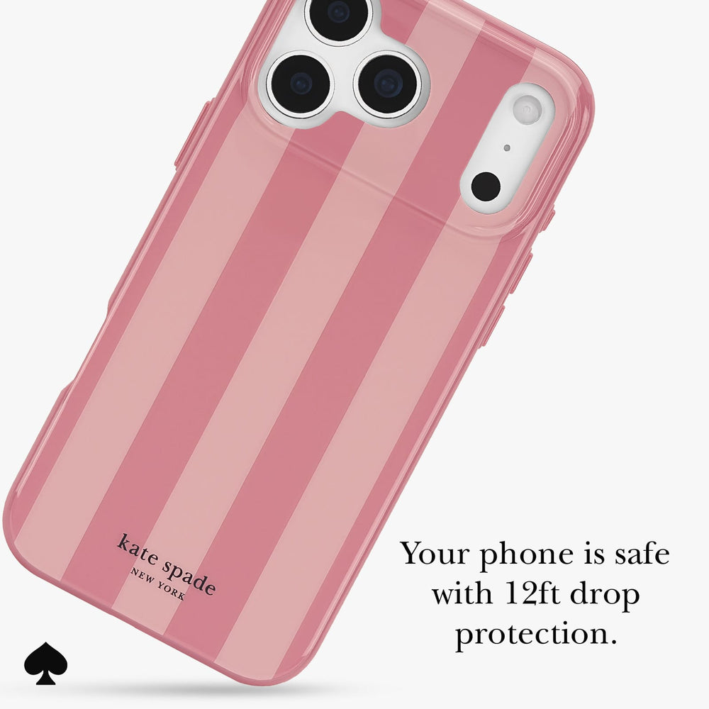 A pink striped Kate Spade New York phone case shown on a white phone, with text reading 'Your phone is safe with 12ft drop protection.' on a light gray background.
#color_stripe rose coral