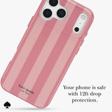 A pink striped Kate Spade New York phone case shown on a white phone, with text reading 'Your phone is safe with 12ft drop protection.' on a light gray background.
#color_stripe rose coral