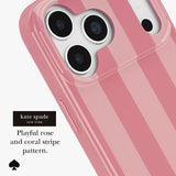 A close-up of a pink phone case with vertical rose and coral stripes, shown on a white background with a black label reading 'kate spade NEW YORK' and 'Playful rose and coral stripe pattern.'.
#color_stripe rose coral