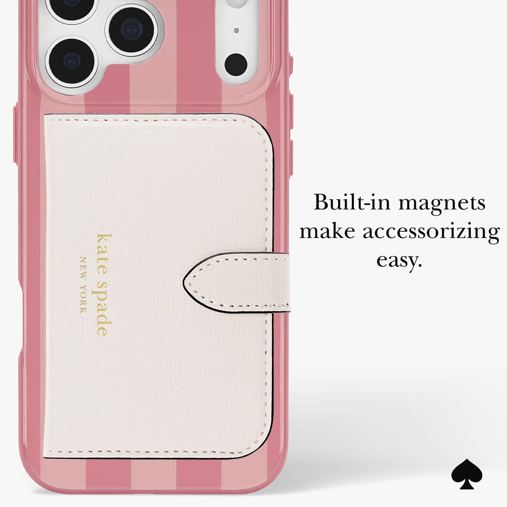 A pink and white striped Kate Spade New York phone case with a built-in cream card holder pocket and magnetic closure, shown on a light gray background with descriptive text.
#color_stripe rose coral