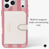 A pink and white striped Kate Spade New York phone case with a built-in cream card holder pocket and magnetic closure, shown on a light gray background with descriptive text.
#color_stripe rose coral