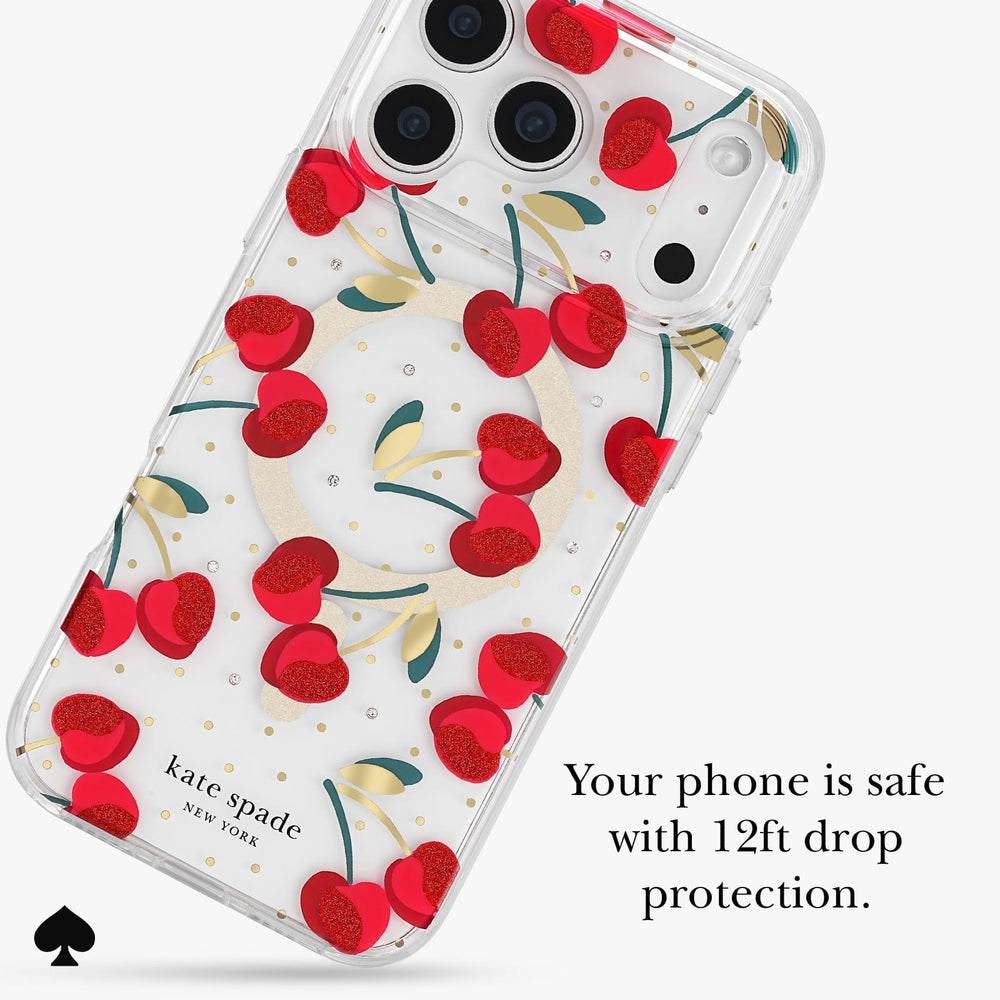 A clear iPhone case with a red cherry and gold glitter pattern, shown on a white background with promotional text and a small black spade icon.
#color_cherry dot