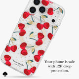 A clear iPhone case with a red cherry and gold glitter pattern, shown on a white background with promotional text and a small black spade icon.
#color_cherry dot