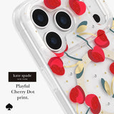 Clear phone case with a playful cherry dot print featuring red glittery cherries, gold dots, and green leaves, shown on a white phone. Text on the image reads 'kate spade NEW YORK Playful Cherry Dot print.
#color_cherry dot