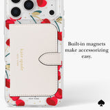 A clear phone case with a red cherry and gold glitter pattern, featuring a built-in cream-colored card holder with gold 'kate spade NEW YORK' branding. The image includes descriptive text on the right and a black spade logo at the bottom right.
#color_cherry dot