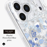 A close-up of a clear phone case with a blue and white floral print, shown on a phone. The text on the left reads 'kate spade NEW YORK Playful Flowerbed Blue print.
#color_flowerbed blue