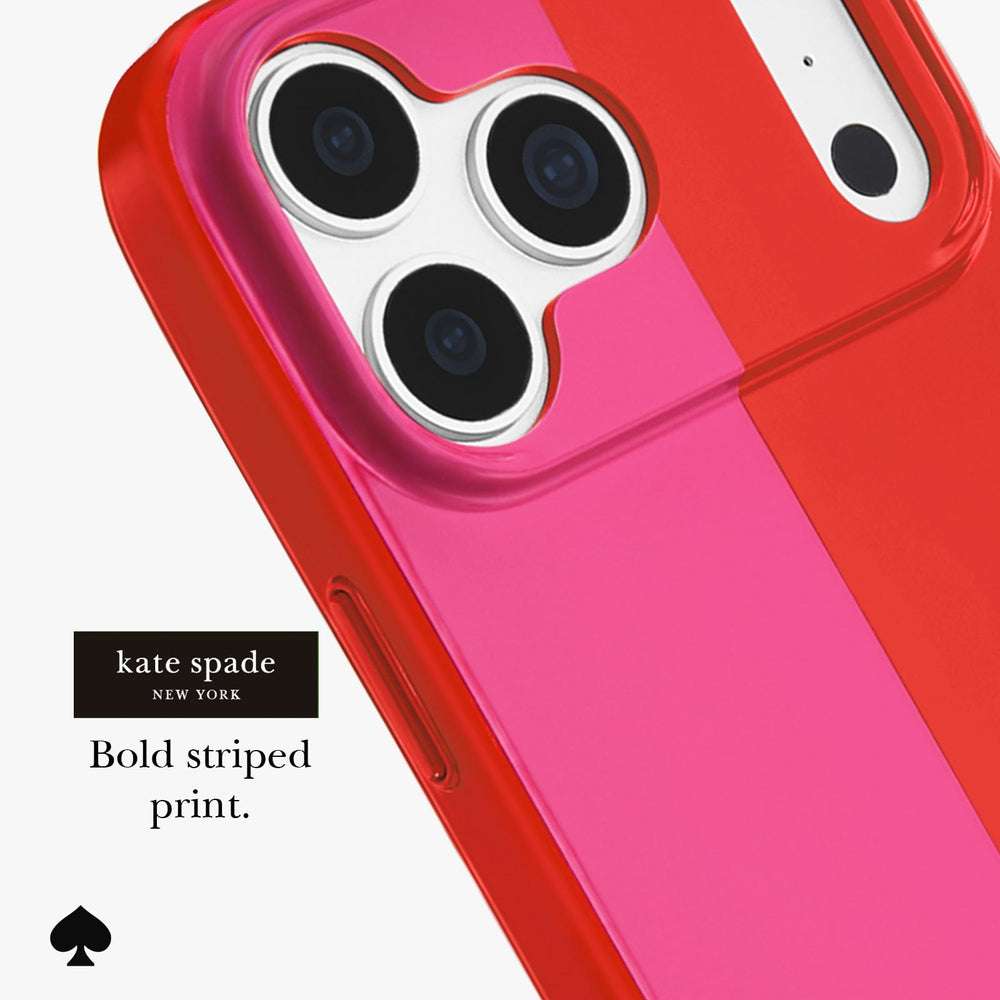 Kate Spade New York phone case with a bold diagonal split design in vibrant red and hot pink, shown on a white phone with a text overlay.
#color_racing stripe pop pink