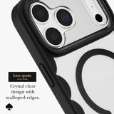 Kate Spade New York crystal clear phone case with black scalloped edges, shown fitted on a smartphone with a silver reflective back and black camera surround. Text on the image reads 'Crystal clear design with scalloped edges.
#color_scallop black
