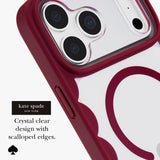 Kate Spade New York crystal clear phone case with a deep burgundy red scalloped bumper edge, shown fitted on a smartphone. The text on the image reads 'kate spade NEW YORK Crystal clear design with scalloped edges.
#color_scallop cherry glaze
