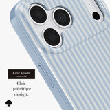A close-up of a phone case with a light blue and white pinstripe pattern, shown on a phone with the brand label 'kate spade NEW YORK' and text reading 'Chic pinstripe design.'.
#color_diamond blue stripe