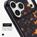 Kate Spade New York phone case featuring a classic speckled tortoise design in black, brown, and amber-orange tones, shown on a white phone with a clean studio background and product text overlay.
#color_tortoise
