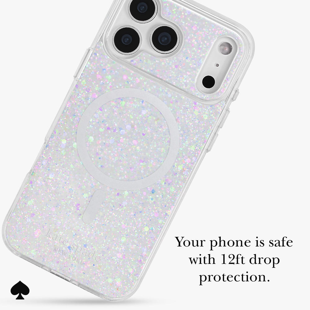 A clear phone case filled with iridescent glitter, shown on a phone against a light gray background. The case has a circular MagSafe ring and text on the image reads 'Your phone is safe with 12ft drop protection.
#color_chunky glitter