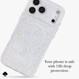 A clear phone case filled with iridescent glitter, shown on a phone against a light gray background. The case has a circular MagSafe ring and text on the image reads 'Your phone is safe with 12ft drop protection.
#color_chunky glitter