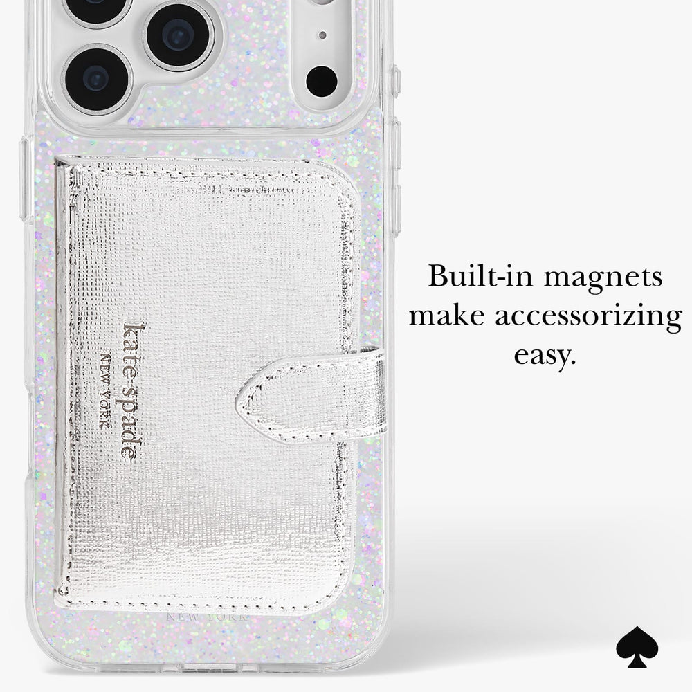 A clear phone case with iridescent glitter and a silver textured card holder pocket featuring built-in magnets. The case is shown on a phone, with text reading 'Built-in magnets make accessorizing easy.
#color_chunky glitter