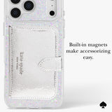 A clear phone case with iridescent glitter and a silver textured card holder pocket featuring built-in magnets. The case is shown on a phone, with text reading 'Built-in magnets make accessorizing easy.
#color_chunky glitter