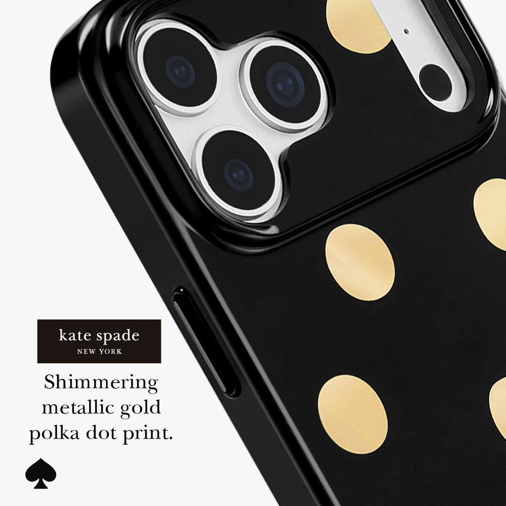 Kate Spade New York black phone case with shimmering metallic gold polka dots, shown on a white background with product text and a spade logo.
#color_metallic classic dot

