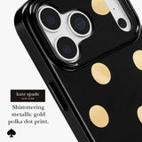 Kate Spade New York black phone case with shimmering metallic gold polka dots, shown on a white background with product text and a spade logo.
#color_metallic classic dot
