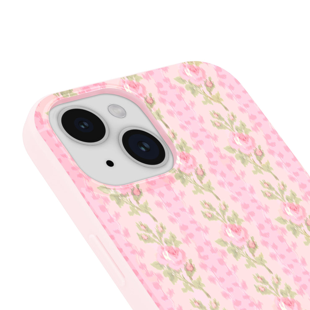 Phone case with pink floral pattern on a white background