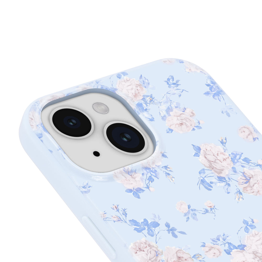 Floral patterned phone case on a light blue background