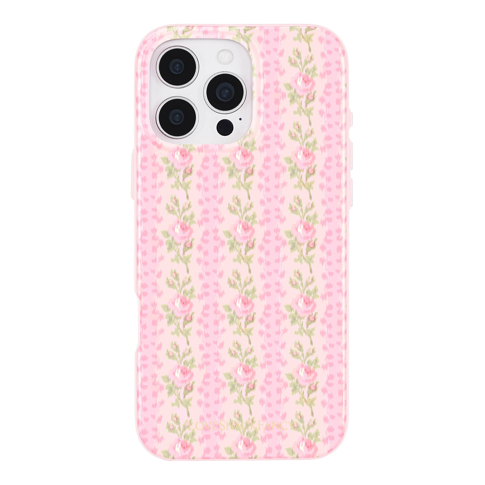 Floral Phone case with pink vertical stripes on a light gray background