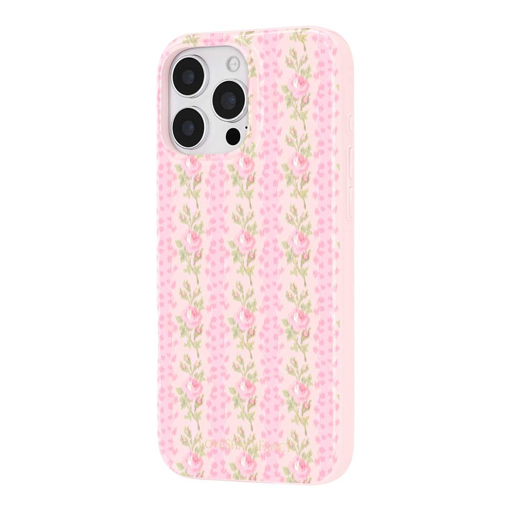Floral Phone case with pink vertical stripes on a light gray background