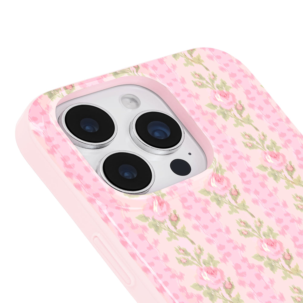 Floral Phone case with pink vertical stripes on a light gray background
