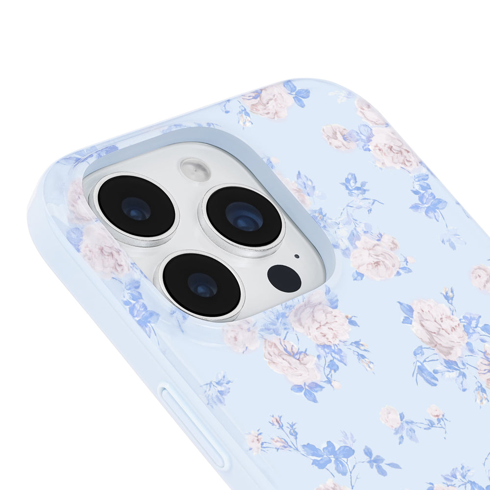 Floral patterned phone case on a light blue background