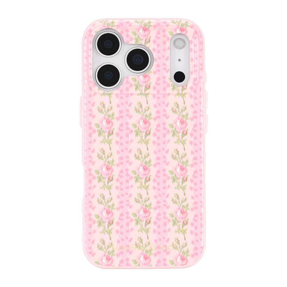 Phone case with pink floral pattern on a white background