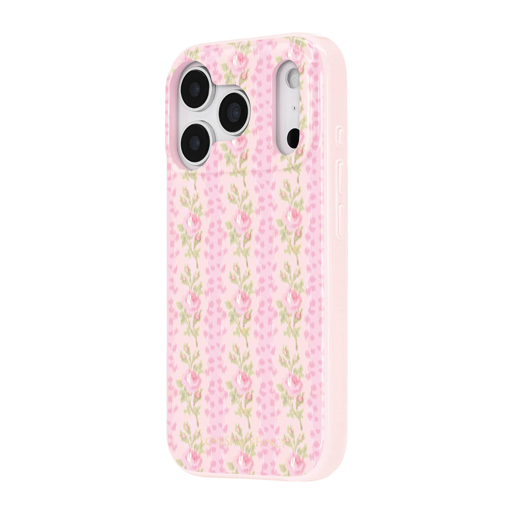 Phone case with pink floral pattern on a white background