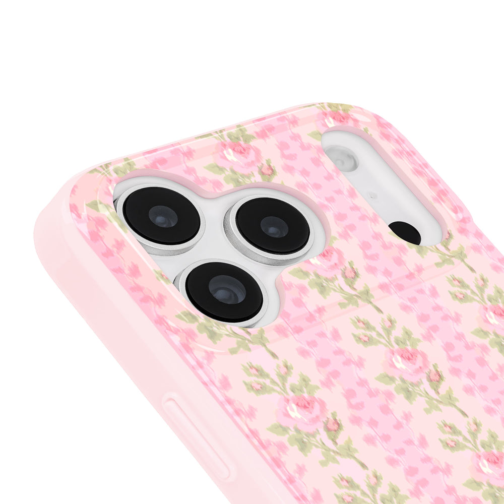 Phone case with pink floral pattern on a white background