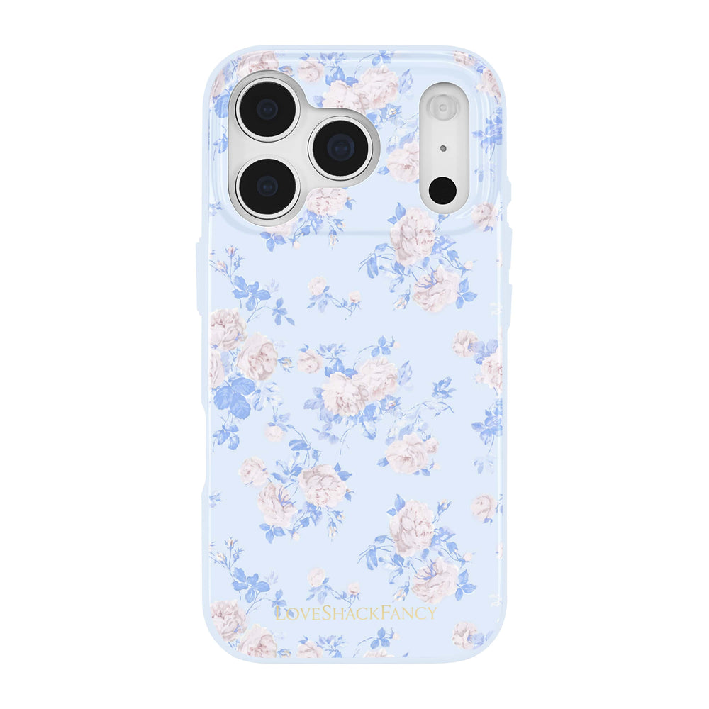 Floral patterned phone case on a light blue background