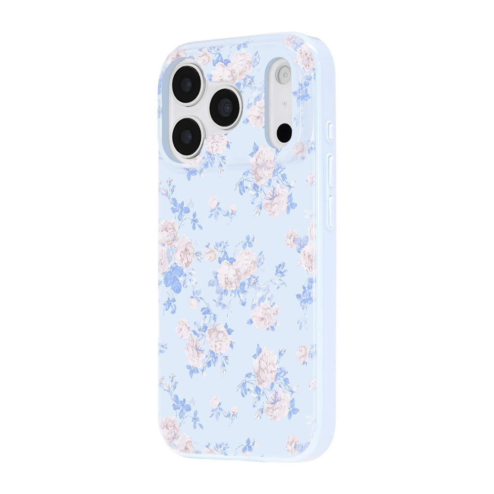 Floral patterned phone case on a light blue background