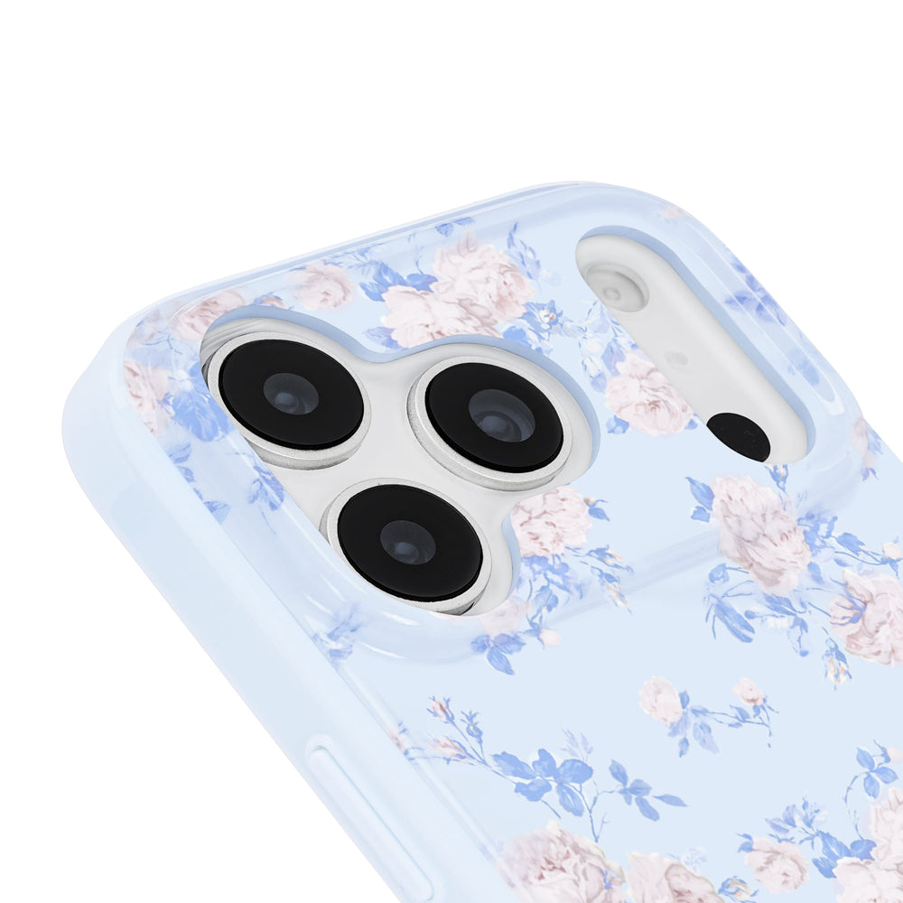 Floral patterned phone case on a light blue background