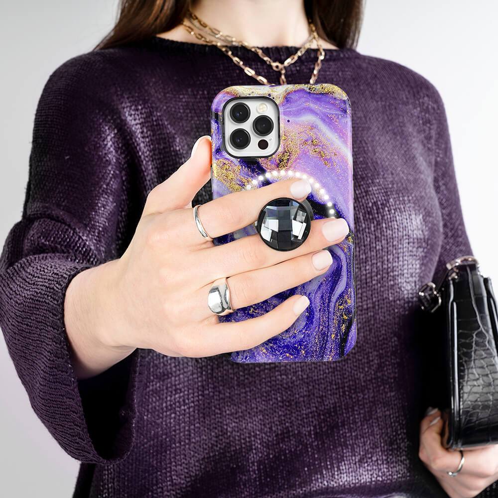 Black crystal suction cup phone grip on Purple Marble phone case. color::Black