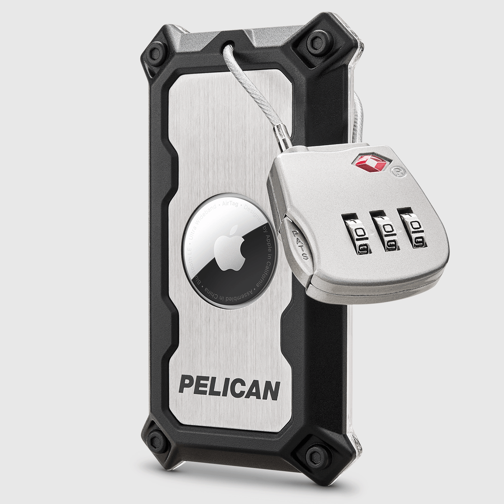 Brushed aluminum luggage lock with AirTag slot, black rubber corners, and attached combination padlock with cord.