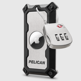 Brushed aluminum luggage lock with AirTag slot, black rubber corners, and attached combination padlock with cord.