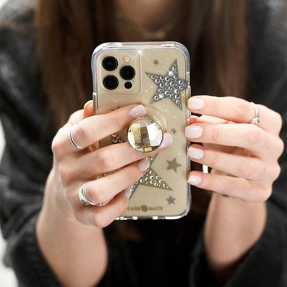 Golden shiny crystal phone grip on sheer superstar phone case. color::Champagne Gold