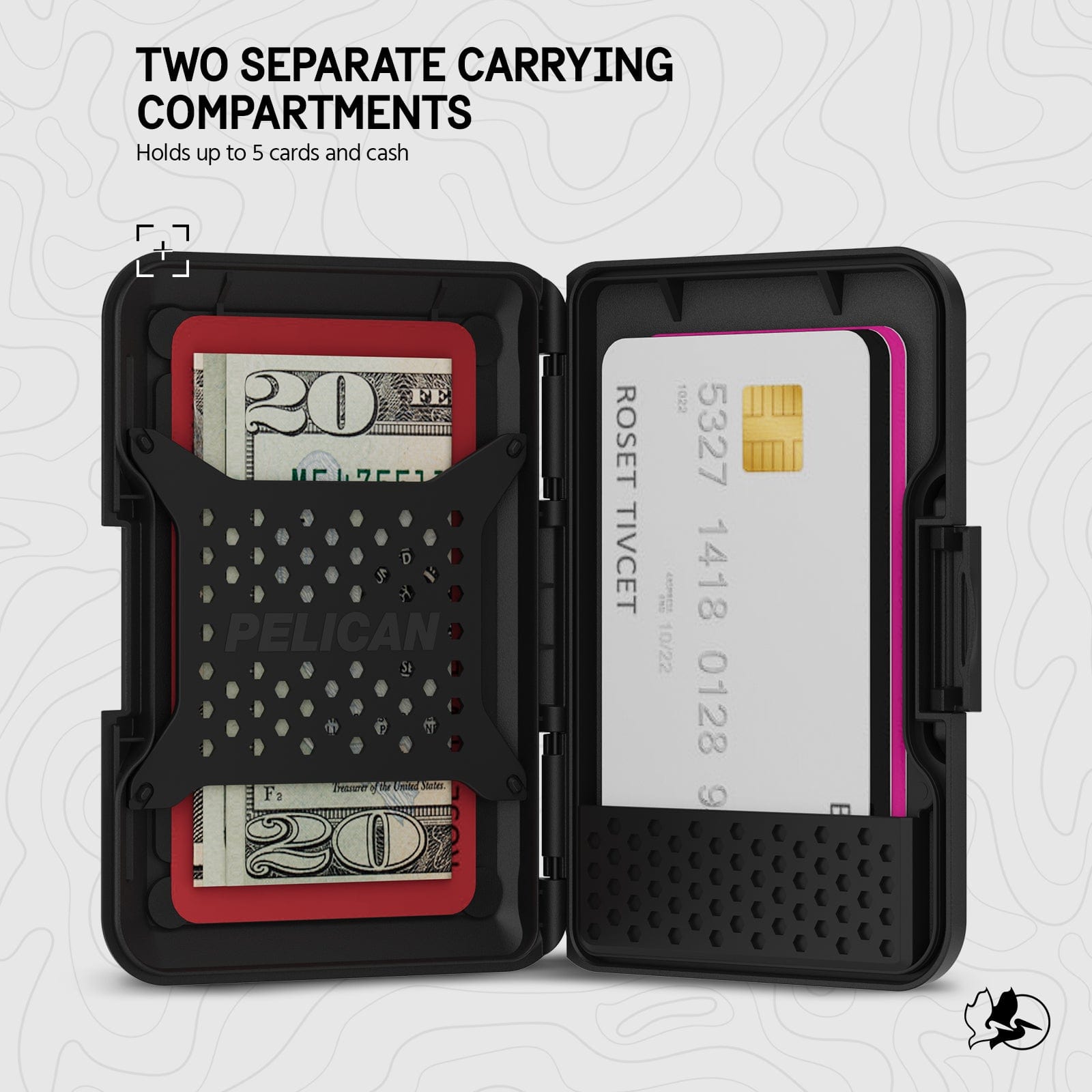 TWO SEPARATE CARRYING COMPARTMENTS. HOLDS UP TO 5 CARDS AND CASH