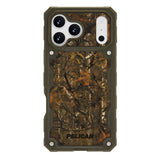 A rugged Pelican phone case featuring a brown and black woodland camouflage pattern on the back, with an olive green protective bumper frame and silver corner rivets.
#color_shield elements hunter camo