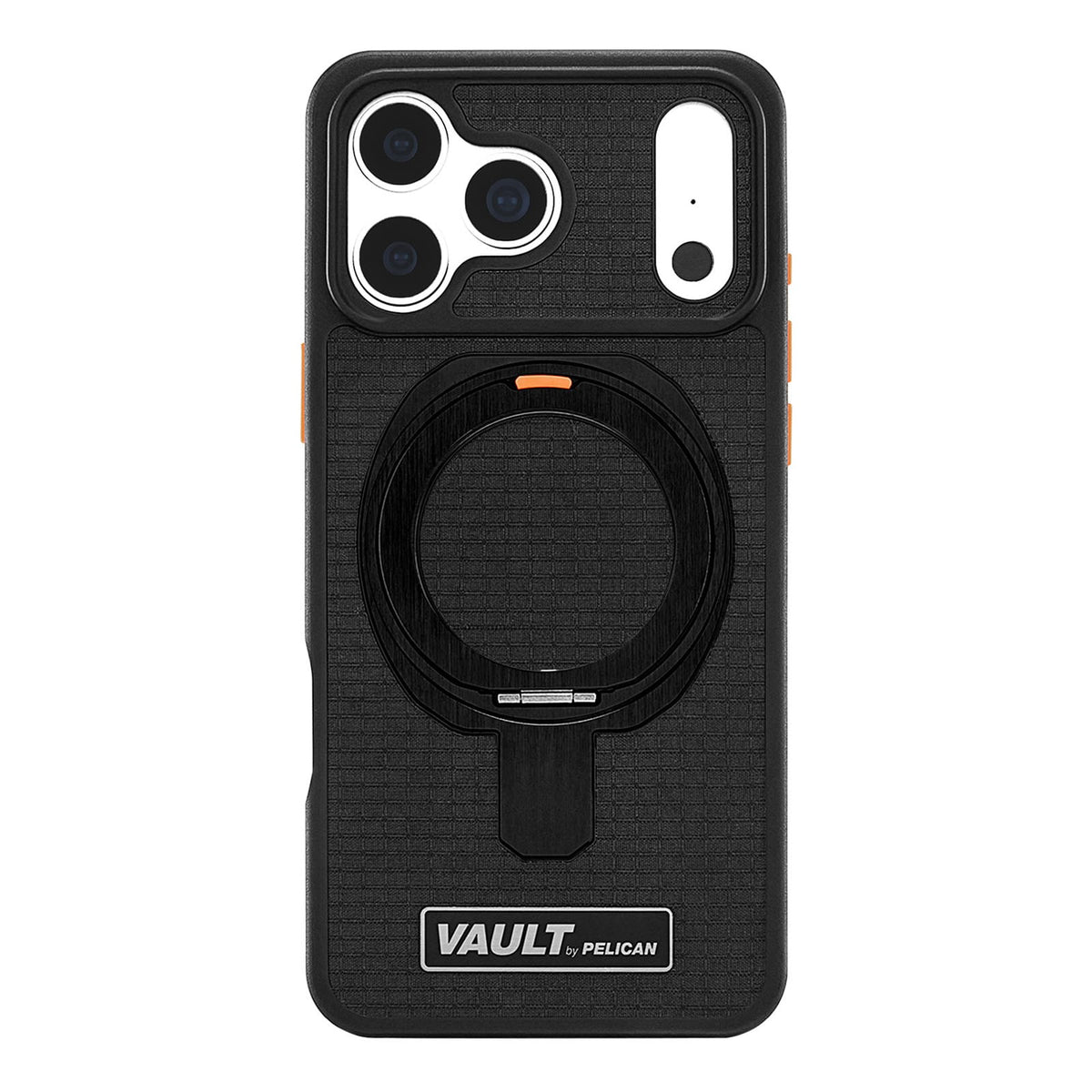 Black textured phone case with a built-in ring holder and a white camera cutout, branded VAULT by PELIKAN at the bottom, shown on a plain white background.
#color_vault black ripstop