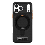 Black textured phone case with a built-in ring holder and a white camera cutout, branded VAULT by PELIKAN at the bottom, shown on a plain white background.
#color_vault black ripstop