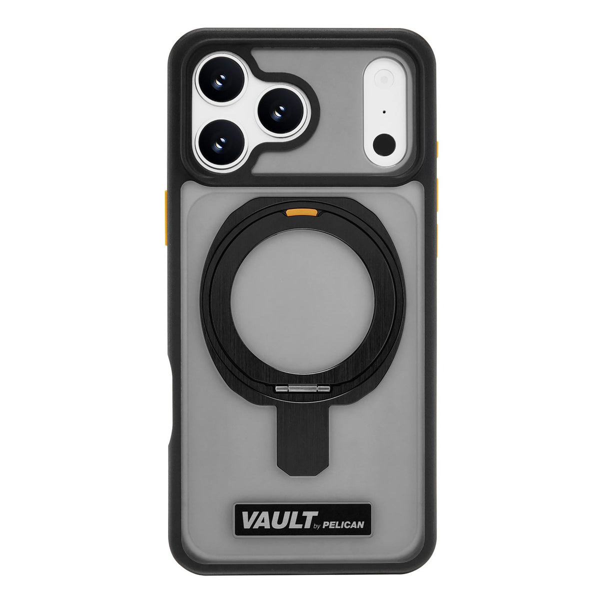 A gray and black protective phone case with a built-in MagSafe ring, designed for a triple-camera setup, featuring a black 'VAULT PELICAN' brand patch at the bottom.
#color_vault smoke