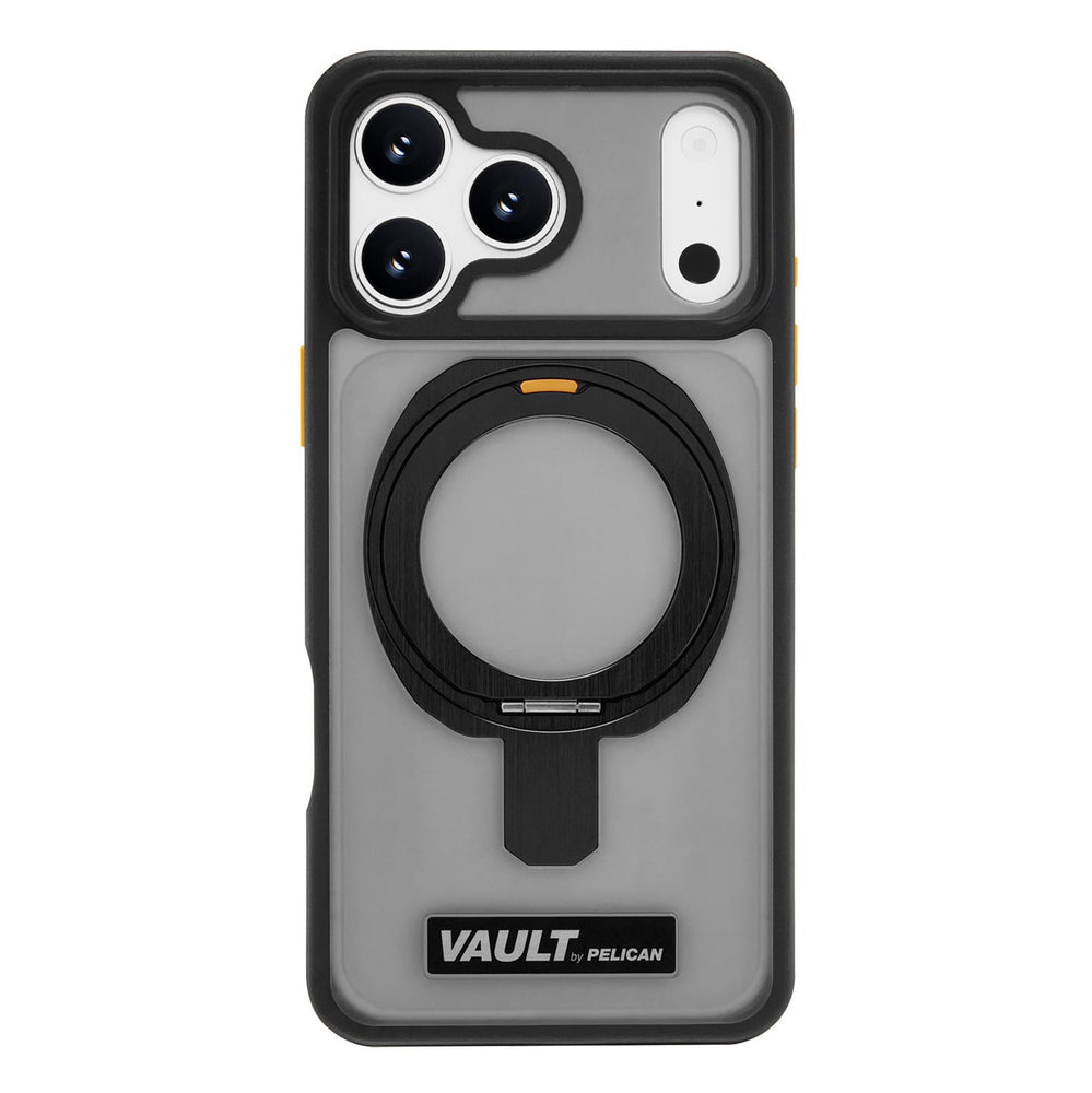 A gray and black protective phone case with a built-in MagSafe ring, designed for a triple-camera setup, featuring a black 'VAULT PELICAN' brand patch at the bottom.
#color_vault smoke
