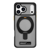 A gray and black protective phone case with a built-in MagSafe ring, designed for a triple-camera setup, featuring a black 'VAULT PELICAN' brand patch at the bottom.
#color_vault smoke