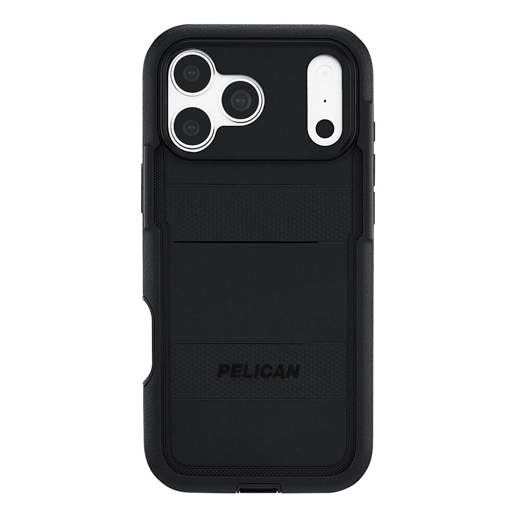 Black Pelican rugged phone case with a built-in card slot and textured grip, shown on a white background.
#color_voyager black